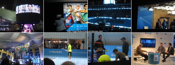 Row 1: The O2 Arena; we could see the booth with the trophy and Novak's new coach, aka Boris Becker next to the sponsor seats; Row 2: Fanzone - Practice Courts 1 with Rafa and 2 with Stan, Magnus and Pierre, and also Holding Court Live with Ross Hutchins